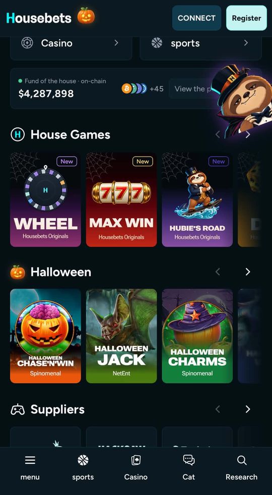 Housebets homepage with the House Games row: Wheel, Max Win, Hubie's Road